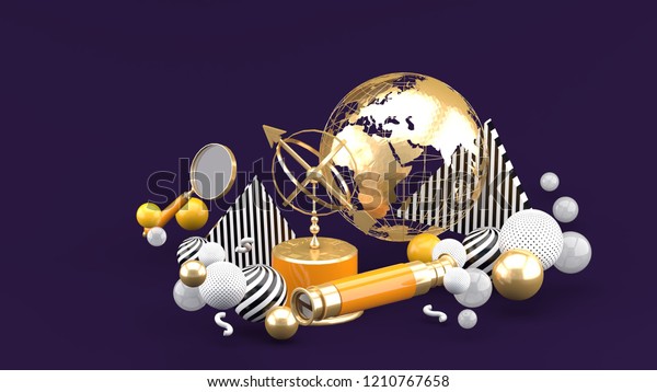 Golden Globe,\
magnifying glass, binoculars and sundial among colorful balls on a\
purple background.-3d\
rendering.