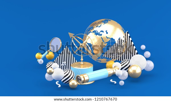 Golden Globe,\
magnifying glass, binoculars and sundial among colorful balls on a\
blue background.-3d\
rendering.