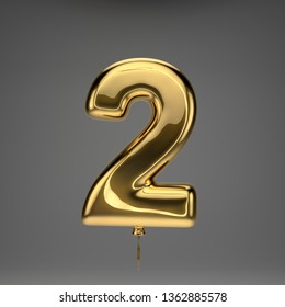 Golden Glossy Number 2 Isolated On Dark Background. 3D Rendered Alphabet. Inflated Ballon Font With Golden Ribbon.