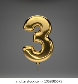 Golden Glossy Number 3 Isolated On Dark Background. 3D Rendered Alphabet. Inflated Ballon Font With Golden Ribbon.