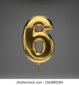 Golden Glossy Number 6 Isolated On Dark Background. 3D Rendered Alphabet. Inflated Ballon Font With Golden Ribbon.