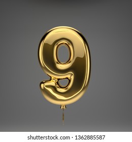 Golden Glossy Number 9 Isolated On Dark Background. 3D Rendered Alphabet. Inflated Ballon Font With Golden Ribbon.