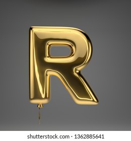 Golden Glossy Uppercase Letter R Isolated On Dark Background. 3D Rendered Alphabet. Inflated Ballon Font With Golden Ribbon.