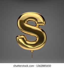 Golden Glossy Uppercase Letter S Isolated On Dark Background. 3D Rendered Alphabet. Inflated Ballon Font With Golden Ribbon.