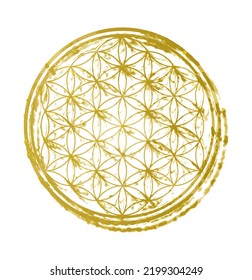 Golden Gold Flower Of Life Circle Symbol Sign.Sacred Geometry Background.Yellow Paint Round Circles Icon Stamp.Meditation.Mandala. T Shirt Print Design.Decoration Element.Vinyl Wall Sticker Decal.DIY