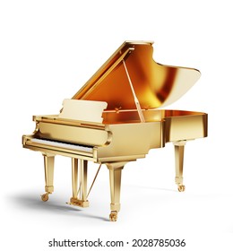 Golden grand piano on a white background. 3d illustration