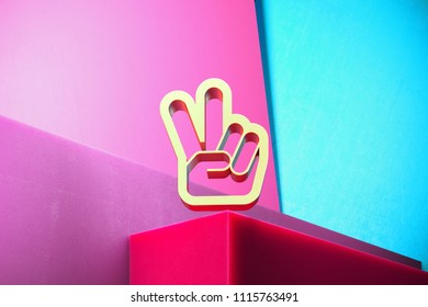 Golden Hand Peace Icon on the Cyan and Magenta Geometric Background. 3D Illustration of Gold Fingers, Hand, Palm, Peace, Twice, Tw Icon Set With Color Boxes on Magenta Background. - Powered by Shutterstock