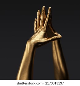 Golden Hand Touches The Mirror, 3d Rendering Sculpture Of Female Hands