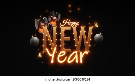 Golden Happy New Year Font With Lighting, 3D Baubles, Wine Glasses, Balls Decorated On Black Background.