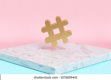 Golden Hashtag Icon on the Candy Background . 3D Illustration of Golden Hash, Hash Mark, Hashtag, Tag, Topic, Trending Icons on Pink and Blue Color With White Marble.