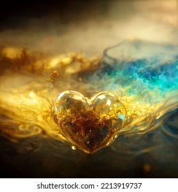 Golden Heart Filled With Divine Love In Ethereal Liquid