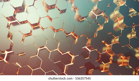 Golden Hexagonal Honeycomb Background,3d Background,Abstract 3d Rendering Of Gold Surface.