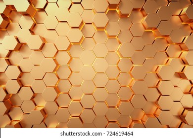 Golden Hexagonal Honeycomb Background,3d Background,Abstract 3d Rendering Of Gold Surface.