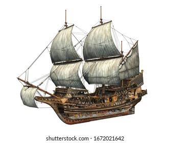 Golden Hind Galleon, Very Detailed Cutaway 3d Illustration. On White Background. Clipping Path Included.