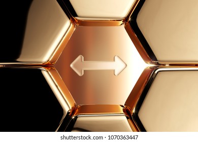 Golden Horizontal Arrows Icon In The Honeycomb. 3D Illustration Of Luxury Golden Arrows, Bi Directional, Horizontal, Pass Icons On Gold Geometric Pattern.