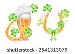 Golden horseshoe and glass of beer with clover leaves. Composition with symbol of St. Patrick