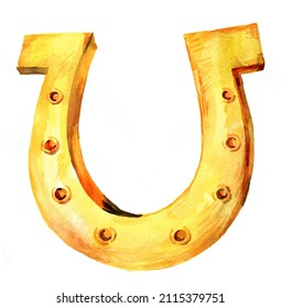 Golden Horseshoe Painted Of Watercolor On White Background. Patrick Symbol