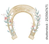 Golden Horseshoe with pink flowers and green leaves watercolor illustration. Good luck symbol in pastel yellow colors for baby design or Saint Patrick day celebration. Horse element for greeting cards