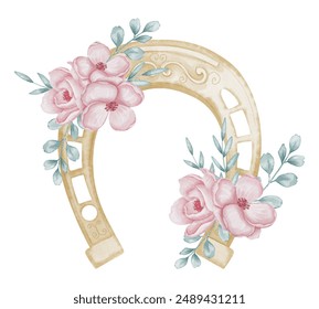 Golden Horseshoe with pink flowers and leaves watercolor illustration. Good luck symbol in pastel yellow colors for baby design or Saint Patrick day celebration. Horse element for greeting cards. - Powered by Shutterstock