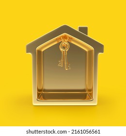 Golden House Figurine With Keys On Yellow. 3D Illustration