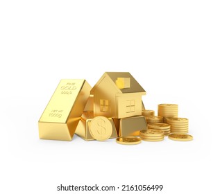 Golden House Figurine On A Pile Of Gold Bars And Coins. 3D Illustration