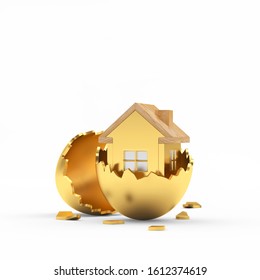 Golden House Icon Inside On Broken Easter Egg Shell Isolated On A White Background. 3D Illustration