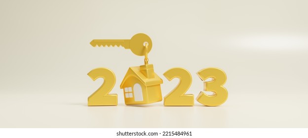 Golden house and key icon with 2023 New Year number on a yellow background. Family budget planning. Investments, plans, savings. Mortgage rates. Real estate concept for home purchase. 3d rendering - Powered by Shutterstock