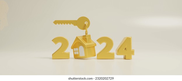 Golden house and key icon with 2024 New Year number on a yellow background. Family budget planning. Investments, plans, savings. Mortgage rates. Real estate concept for home purchase. 3d rendering - Powered by Shutterstock