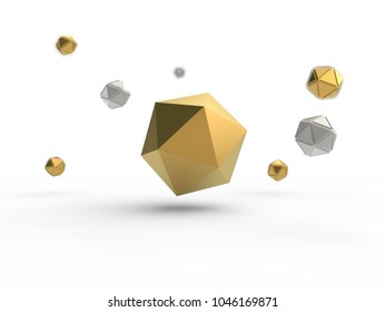 Golden icosahedron surrounded by many icosahedrons of silver and gold. Illustration isolated on white background, with depth of field. 3D rendering