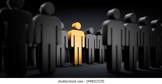 Golden individual in the dark crowd - concept of leadership and excellence - 3D illustration