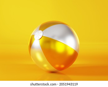 Golden Inflatable Beach Ball Mockup Light Sphere Toy For Sport Game Summer On Gold Background, Holiday Summer Icon, 3D Rendering Illustration