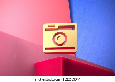 Golden Instagram Icon On The Blue And Pink Geometric Background. 3D Illustration Of Gold Network, Social, App, Photo, Logo Icon Set With Color Boxes On Pink Background.