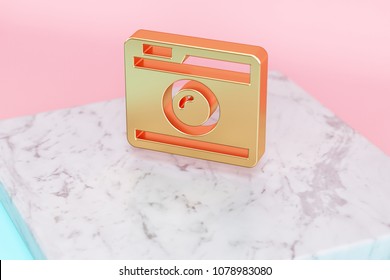 Golden Instagram Icon On Pink And Light Blue Color Background . 3D Illustration Of Golden Network, Social, App, Photo, Logo Icon Set On White Marble.