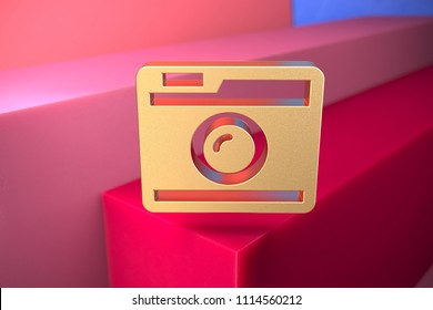 Golden Instagram Icon On The Pink And Blue Geometric Background. 3D Illustration Of Gold Network, Social, App, Photo, Logo Icon Set With Color Boxes On The Pink Background.