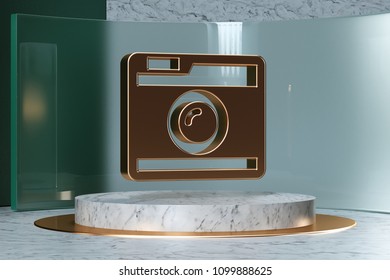 Golden Instagram Icon On White Marble And Green Glass. 3D Illustration Of Stylish Golden Network, Social, App, Photo, Logo Icon Set In The Green Installation.