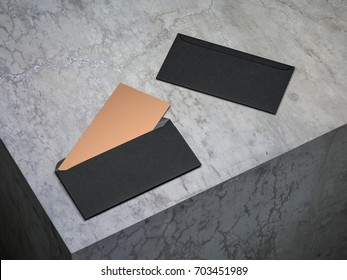 Golden Invitation Mockup In Open Black Envelope On Concrete Floor, 3d Rendering