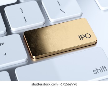 Golden IPO, Initial Public Offering service sign button on white computer keyboard. 3d rendering concept