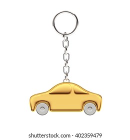 Golden Key Chain In The Form Of A Car Isolated On White Background. 3d Rendering.