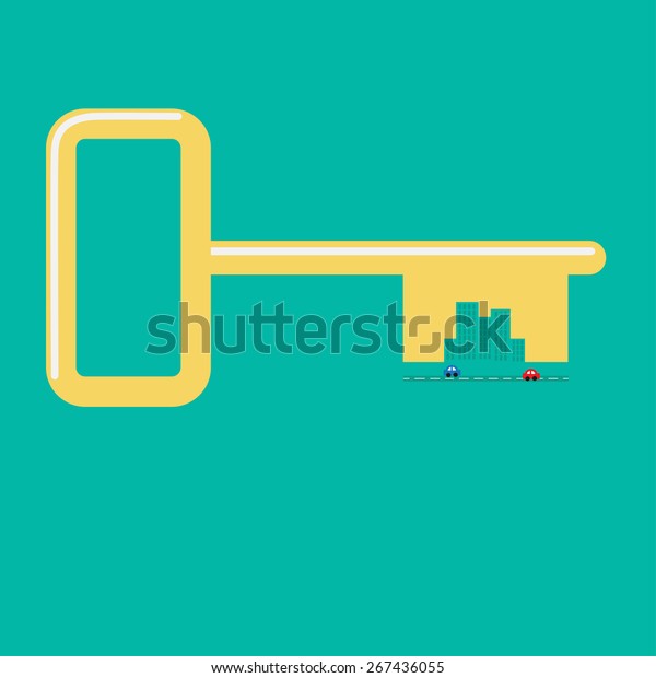 Golden key from the city Road, car, skyscraper\
icon Flat design Green\
background