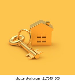 Golden Key With House Figurine On Yellow. 3d Illustration