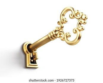 Golden key in keyhole isolated on white background - 3d rendering