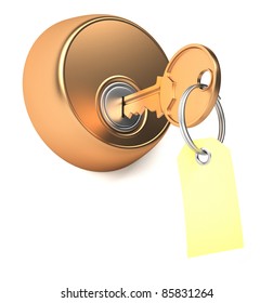 Golden key in keyhole with label. 3d render illustration