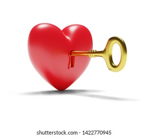 The golden key to your heart. To unlock my heart, open your heart, love and free yourself. 3D illustration isolated on white background