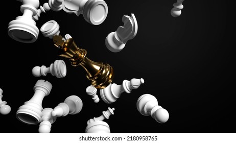 Golden King Chess Piece Falling Among White Queen Pawn Knight Rook And Bishop. 3d Illustration Metaphor On Black Background. 