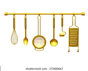 Golden Kitchen Set With Whisk, Spoons, Strainer, Grater And Ladle