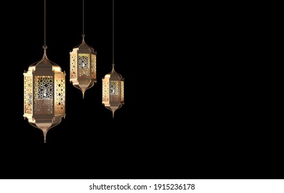 Golden Lantern With Candle, Lamp With Arabic Decoration, Arabesque Design. Concept For Islamic Celebration Day Ramadan Kareem Or Eid Al Fitr Adha. 3d Rendering Illustration