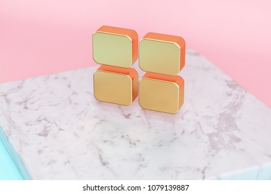 Golden Large Text Editor Icon On Pink And Light Blue Color Background . 3D Illustration Of Golden Document, Font, Larger, Size, Text Icon Set On White Marble.