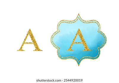 Golden Latin letter A. Bright scrapbook blue watercolor monogram on white background