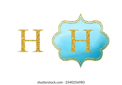 Golden Latin letter H. Bright scrapbook blue watercolor monogram on white background