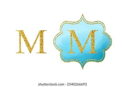 Golden Latin letter M. Bright scrapbook blue watercolor monogram on white background